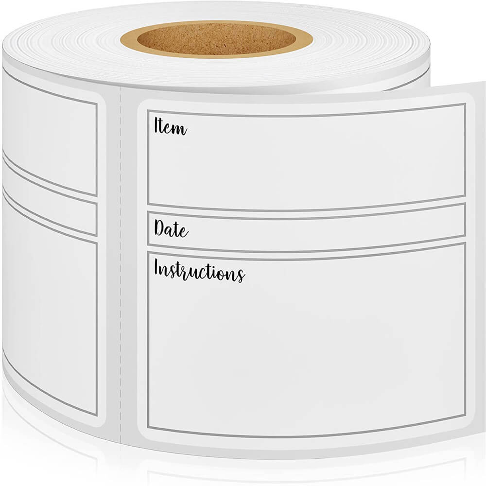 Roll of freezer organizing labels that have an space to write instructions as well as the Item and date made.