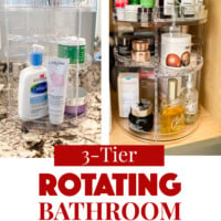 2 places to use a rotating bathroom organizer in a bathroom. One the counter and in a cabinet under the sink.