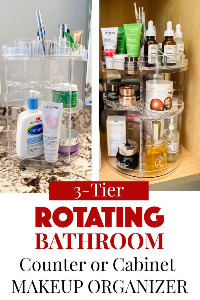 2 places to use a rotating bathroom organizer in a bathroom. One the counter and in a cabinet under the sink.