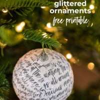 How to transform a ball Christmas ornament using glitter and paper strips of hand writing script paper with the lyrics from the classic Christmas movie Home Alone. Free printable to use to make your own ornaments.