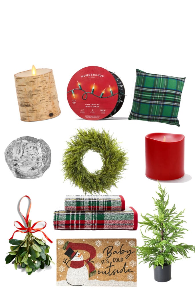 Red, green and white Christmas decor to buy to decorate a home in festive holiday style.