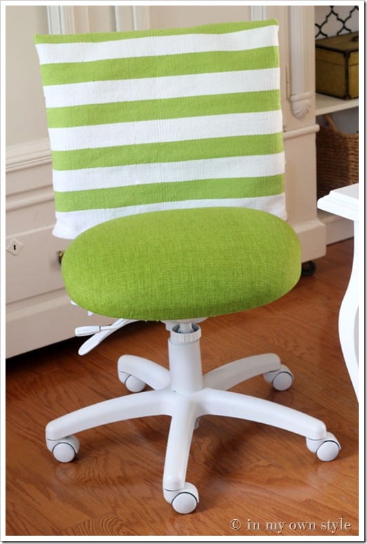 An office chair makeover with lime green and white stripes.