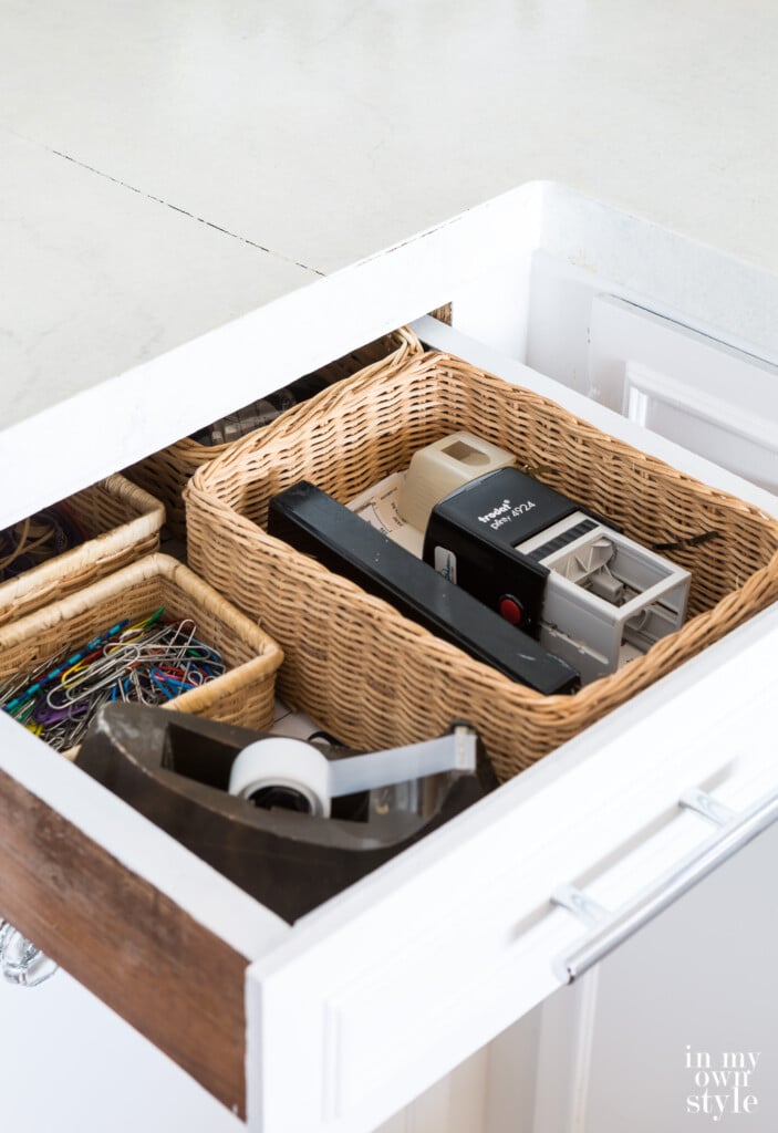 Kitchen drawer used as a desk drawer.