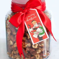 Garlic pretzels in a jar with a gift tag