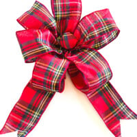 How to Make a Bow For a Wreath. Red plaid multi loop bow with looped ribbon center.