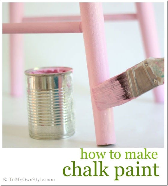 chalk painting a stool pink - text overlay says how to make chalk paint.