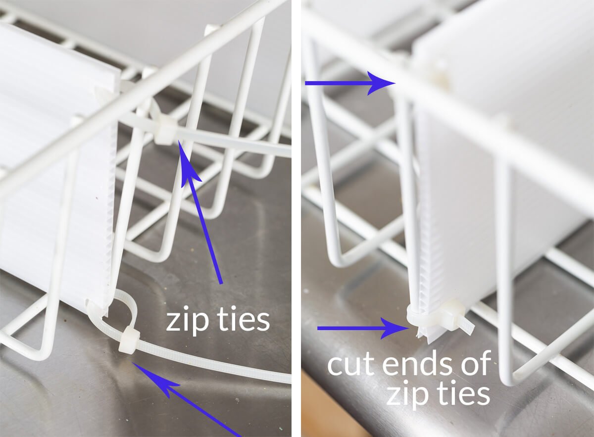 how to use zip ties to attach diy freezer dividers to wire rack shelf.