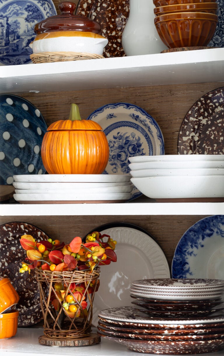 Fall Kitchen Shelf Styling Using Wallpaper