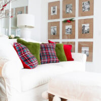 red and green and plaid living room decorated for Christmas