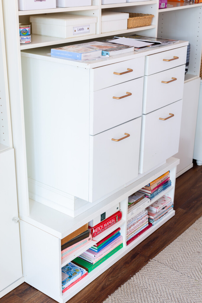 two file drawers placed into a shelving unit from IKEA