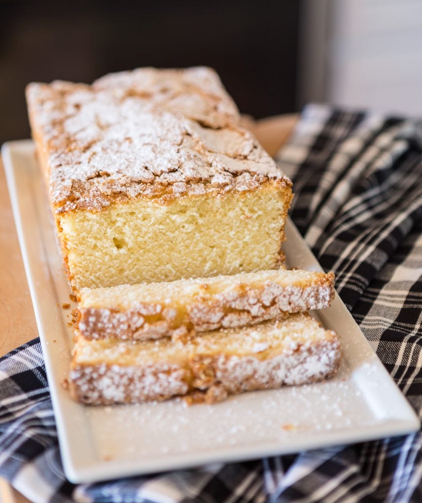 Old Fashioned Pound Cake Recipe and Wrapping loaf cake  on a white plate