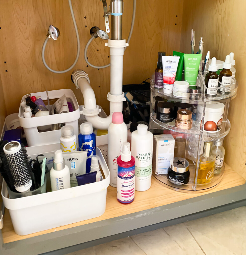 Under a bathroom sink 3 tier rotating bathroom organizer can be used on a counter or in a cabinet.