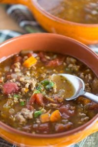 Closeup shot of Italian sausage and lentil soup