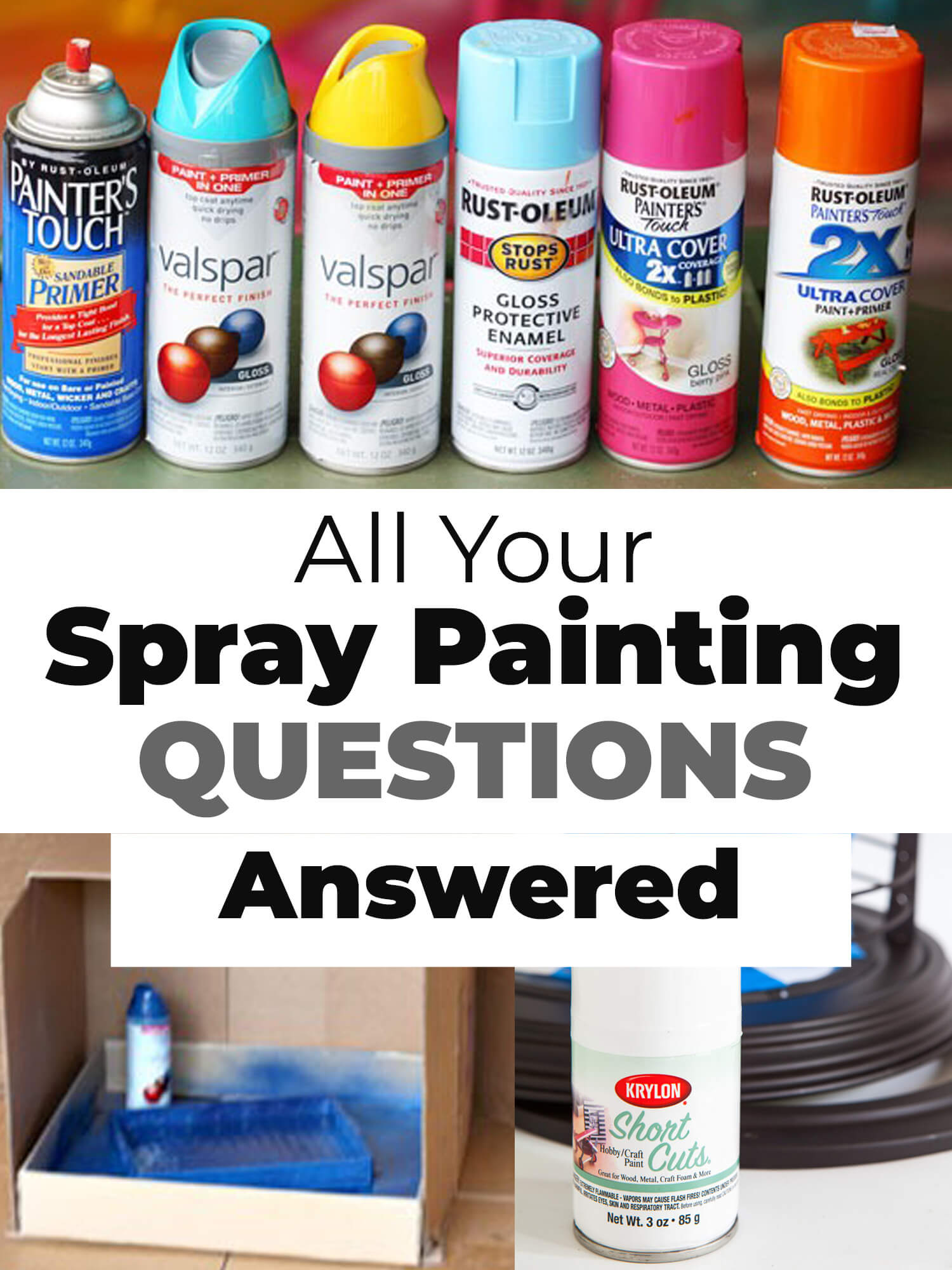 Spray painting and paint cans. Text overlay on image says All your Spray Painting Questions Answered