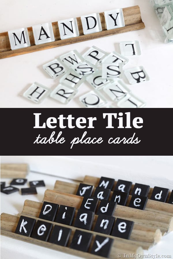 Letter tiles to buy and wood tiles to make. Both make unique table place cards and buffet table food signs.