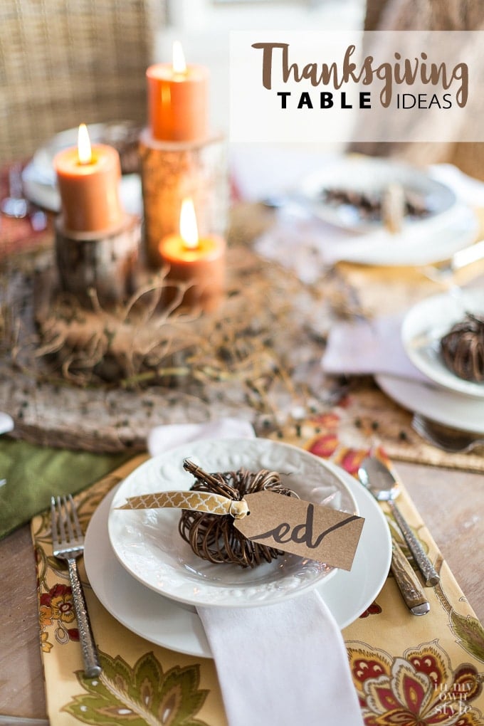 Thanksgiving table setting ideas using fabric and nature.